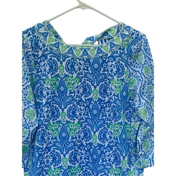 Gretchen Scott Bateau Dress Blue Green East India Print Tunic Stretch Sz Medium - Picture 2 of 5